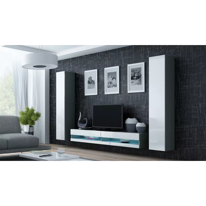 TV skapis Cama Meble VIGO NEW 30/140/40 — 1400×400×300 mm, pelēka virsma, skaidu plātne, pelēks rāmis, baltas spīdīgas durvis