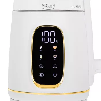 Elektriskā tējkanna Adler AD 1305WG — 1,7 l, 2200 W, stikls/plastmasa, balts/zelta/caurspīdīgs