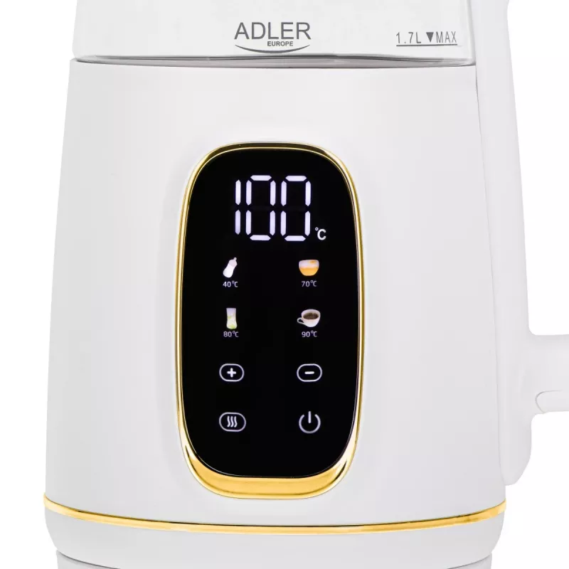 Elektriskā tējkanna Adler AD 1305WG — 1,7 l, 2200 W, stikls/plastmasa, balts/zelta/caurspīdīgs
