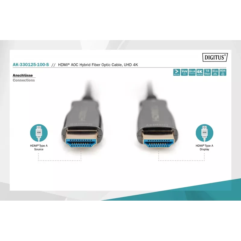 HDMI AOC hibrīda optiskās šķiedras kabelis Digitus AK-330125-100-S