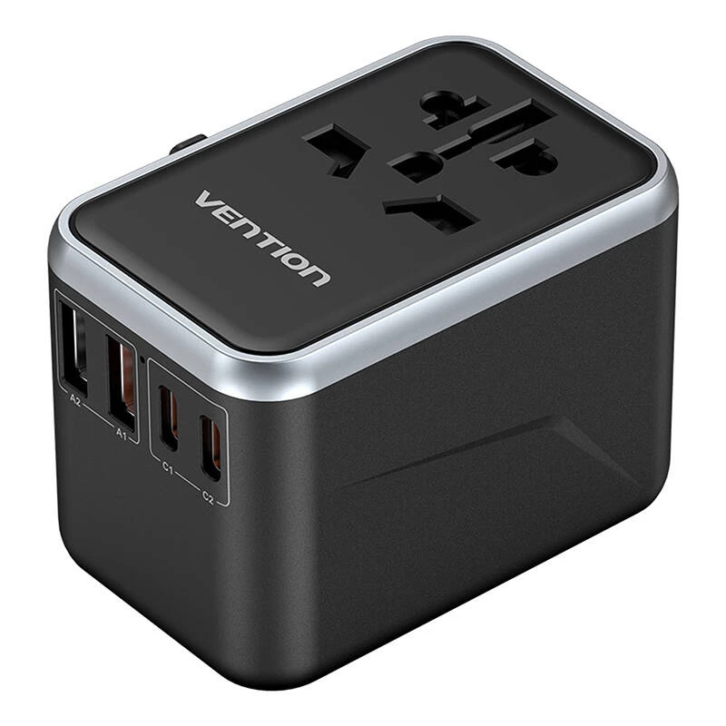 Vention ceļojumu barošanas adapteris FJFB0 65W — 2× USB-C PD/PPS, 2× USB-A (QC/BC), HDMI izeja, alumīnijs/melns
