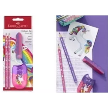 Rakstāmpiederumu komplekts Faber-Castell vienradzis rozā — modelis 111518, dažādi zīmuļi un piederumi