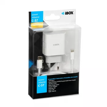 Iekštelpu USB Type-C ātrais lādētājs IBOX C-37, 20 W, USB‑C PD 3.0, 3 A izeja, balts