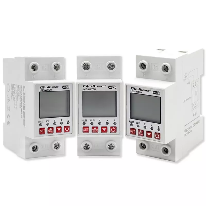 DIN-sliedes WiFi relejs QOLTEC 50990, vienkanāla, 63A pārslēgšana elektrības uzskaitei un tālvadībai
