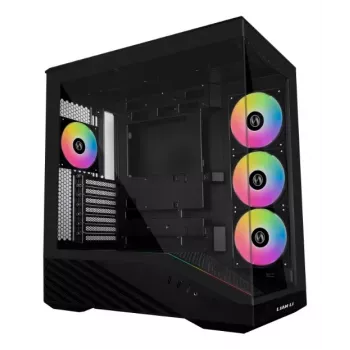 PC Case Lian Li Vector V100 Midi Tower — Melns ar caurspīdīgu paneli, atbalsta 3×120mm sānu + 1×120mm aizmugurējo ventilatoru, 3,5 collu HDD, 2,5 collu SSD, 235,5×446×484,6 mm