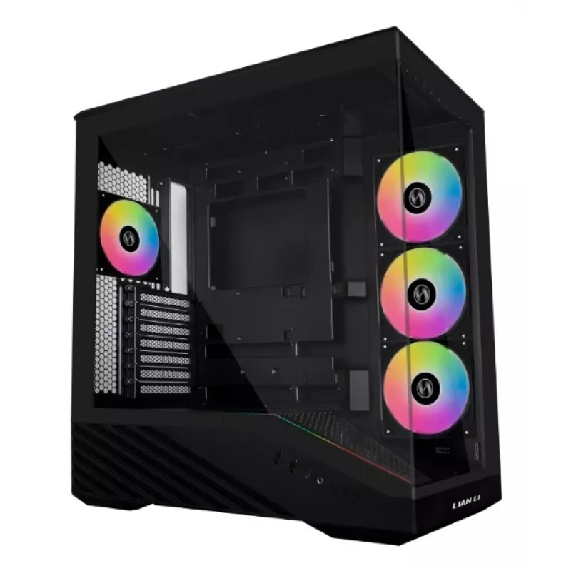PC Case Lian Li Vector V100 Midi Tower — Melns ar caurspīdīgu paneli, atbalsta 3×120mm sānu + 1×120mm aizmugurējo ventilatoru, 3,5 collu HDD, 2,5 collu SSD, 235,5×446×484,6 mm