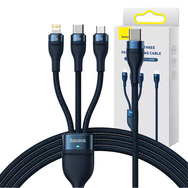 3in1 USB kabelis Baseus Flash Series 2, USB-C + micro USB + Lightning, 100W, 1,5m (zils)