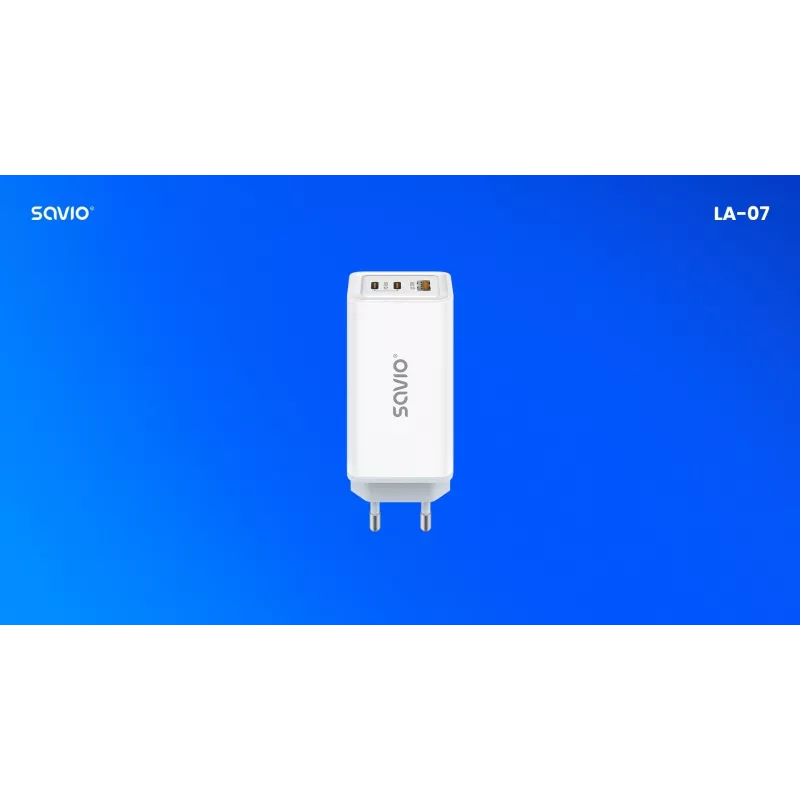 SAVIO LA-07 GaN 65W tīkla lādētājs, USB, QC4.0+, PD 3.0, Balts