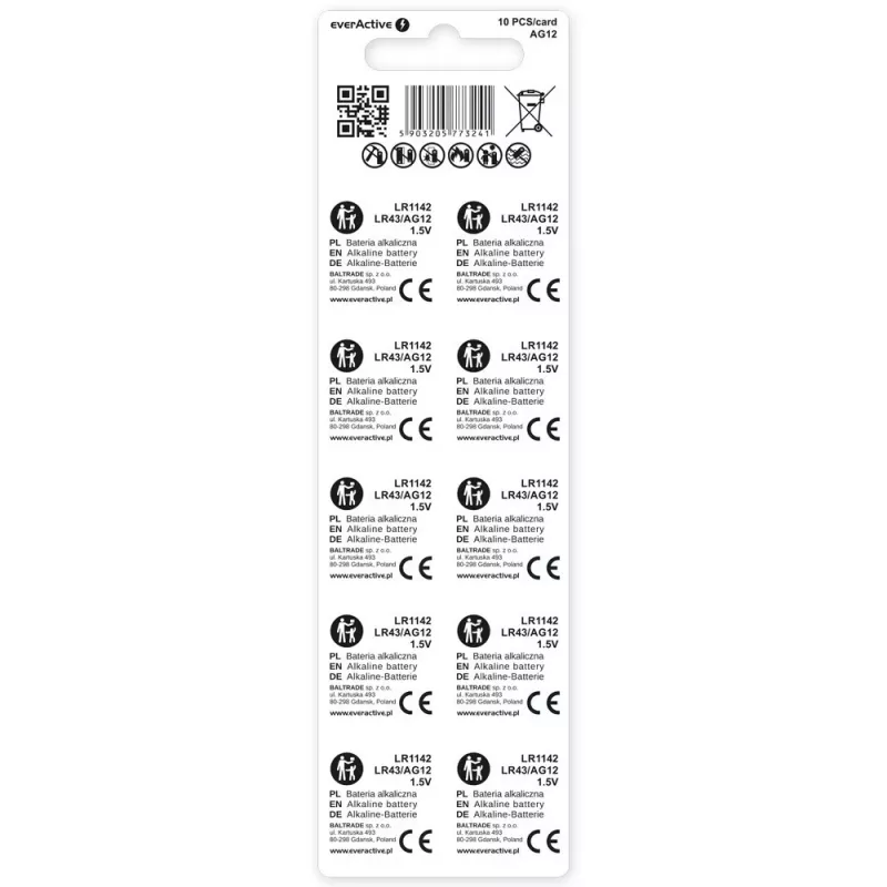 sārma bateriju komplekts everActive G12 AG12 1.5V — 10 gab. iepakojumā