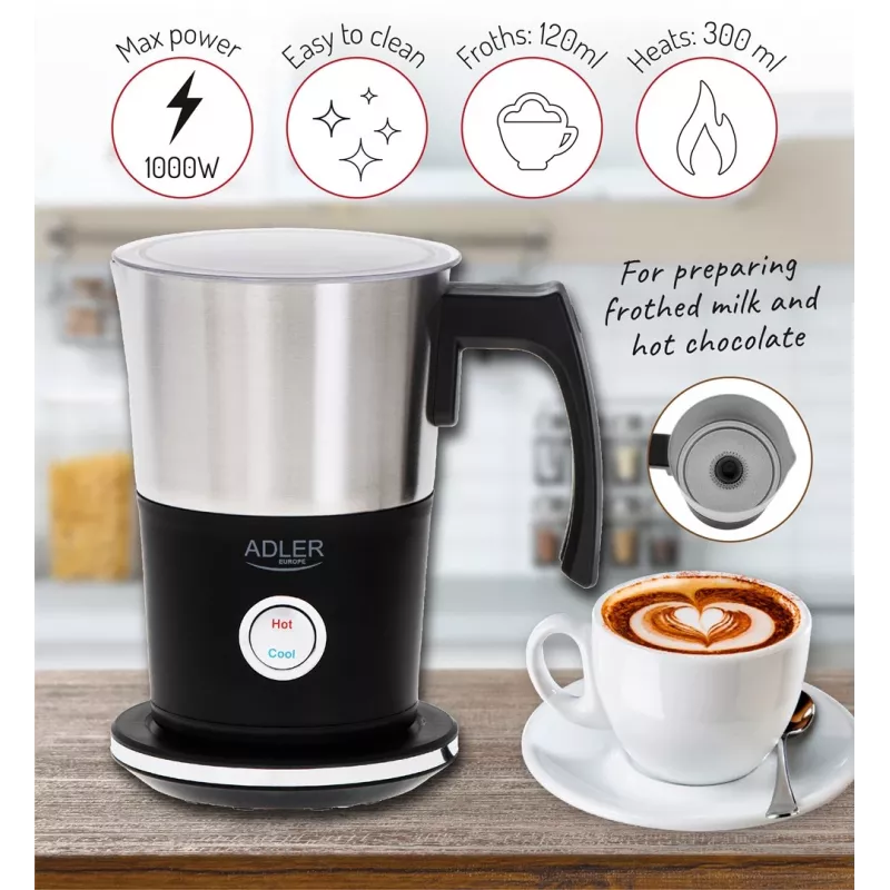 Automātiskais piena putotājs Adler AD 4497 — nerūsējošais tērauds, 600 W, putas 120 ml / silts 300 ml, karsts un auksts