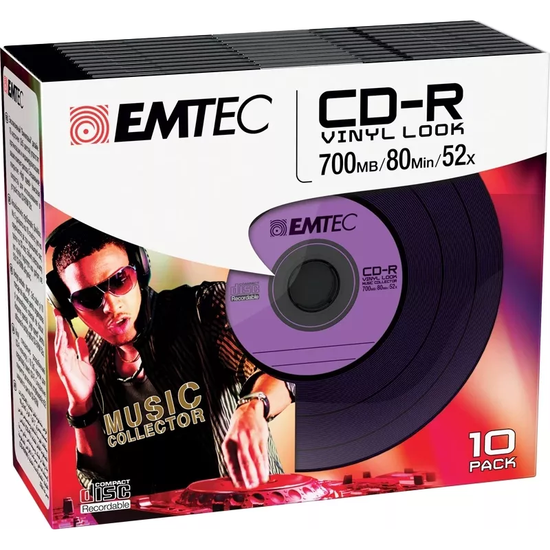 EMTEC Vinyl Look - 10 x CD-R - 700 MB (80 min) 52x - zila, dzeltena, ceriņu, zaļa, rozā - plāns Jewel Case