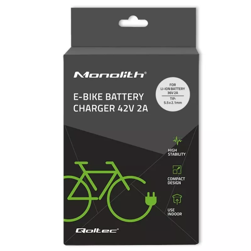 Qoltec 50760 Lādētājs e-velosipēdu akumulatoriem 36V | 42V | 2A | 5,5*2,1