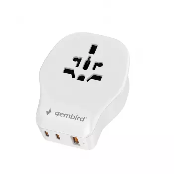 Sienas ceļojumu adapteris GEMBIRD TPA-1A2C20-02-W 20W — 1×USB-A + 2×USB-C, Type G spraudnis, 100–250V, balts