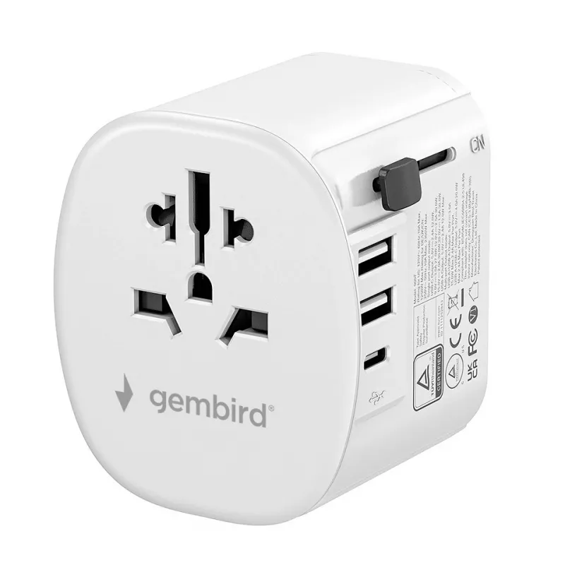 Ceļojumu adapteris GEMBIRD TPA-EU2A1C15-01-W — 15 W, E tipa kontaktdakša, 2× USB-A + 1× USB-C, 100–250 V