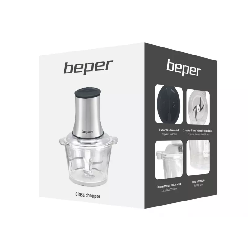 Beper P102ROB001 pārtikas smalcinātājs, 1,5 L stikla trauks, 500 W, nerūsējošais tērauds