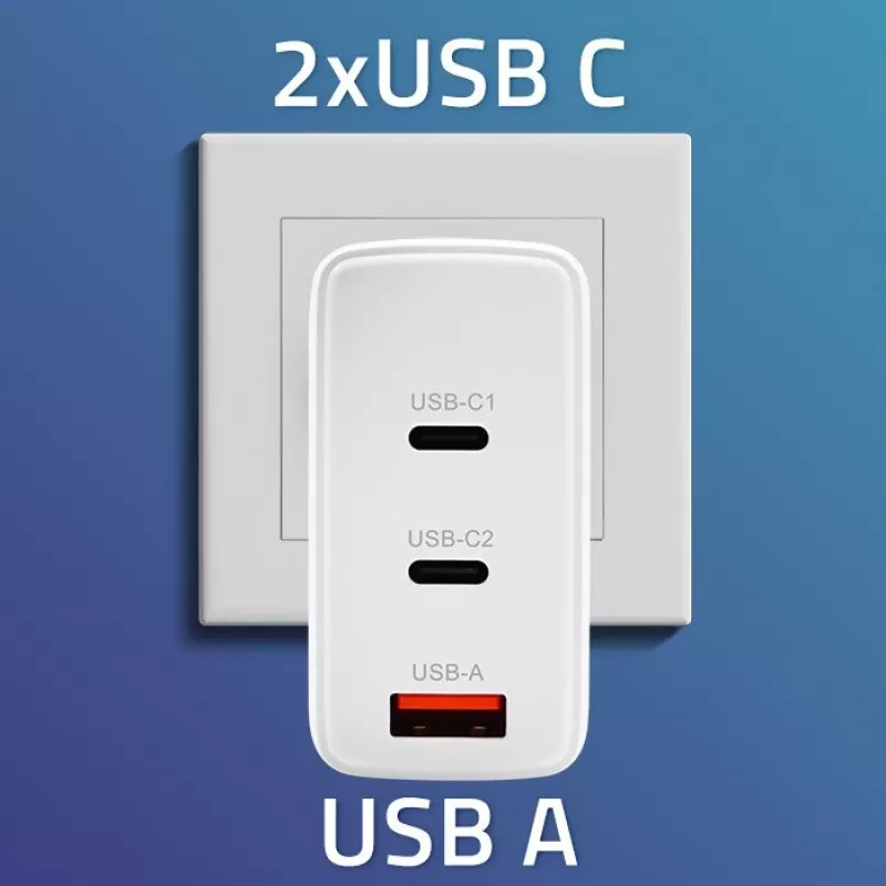 Lādētājs QOLTEC 100W GaN USB-C Dual PD 5–20V 1.5–5A, 2×USB-C