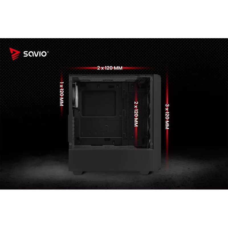 PC kuba korpuss SAVIO Noctis Glass RGB — Melns, ATX/Micro-ATX, 210×410×450 mm, 3×120 mm priekšējie ventilatori
