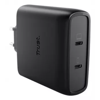 TRUST Maxo 100W 2-portu USB-C GaN lādētājs — 100 W, 2× USB-C, maks. 20 V, 2 m kabelis, melns