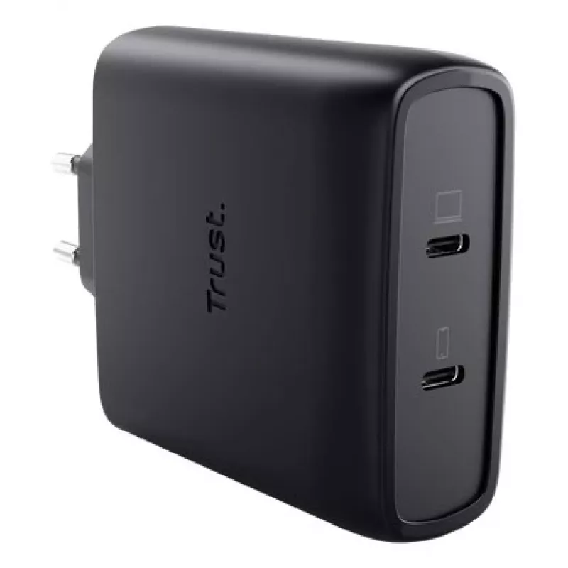 TRUST Maxo 100W 2-portu USB-C GaN lādētājs — 100 W, 2× USB-C, maks. 20 V, 2 m kabelis, melns