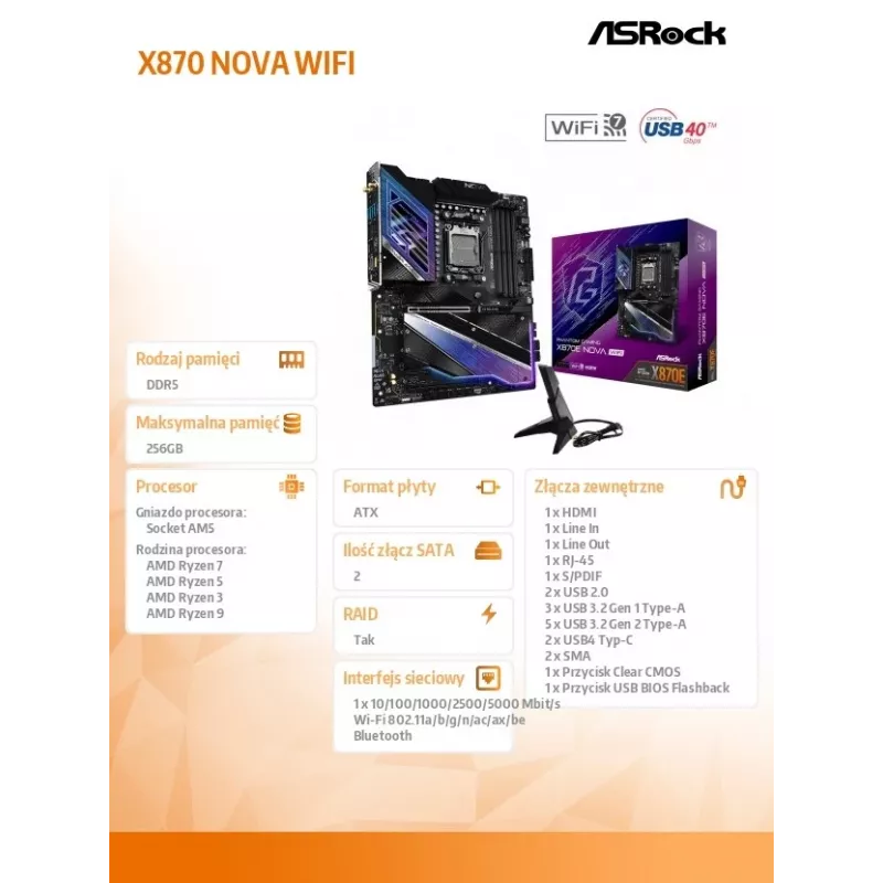 Mātesplate ASRock X870 NOVA WIFI — AMD X870, Socket AM5, ATX, 4× DIMM DDR5, 256GB, Wi‑Fi 6E, 2.5GbE