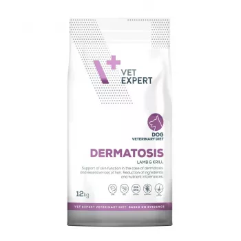 Sausā suņu barība VETEXPERT Dermatosis Lamb & Krill 12 kg — veterinārā diēta ādas stāvokļiem, olbaltumvielas 24%, tauki 17%