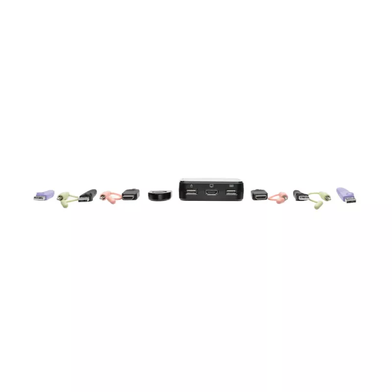 Eaton Tripp Lite sērijas 2-portu USB/HD kabeļa KVM slēdzis ar audio/video, kabeļiem un USB perifērijas koplietošanu - KVM-/audio-/USB slēdzis - 2 x KVM/audio/USB - 1 lokālais lietotājs - galddators