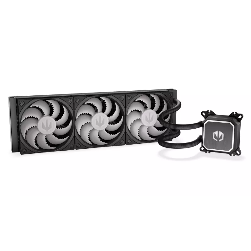 Universāls šķidruma dzesētājs ENDORFY Navis F360 ARGB melns — 360 mm radiators, 3x 120×25 mm ventilatori, 250–1800 apgr./min, sūknis 1600–2600 apgr./min, atbalsta LGA 1700/AM5/AM4