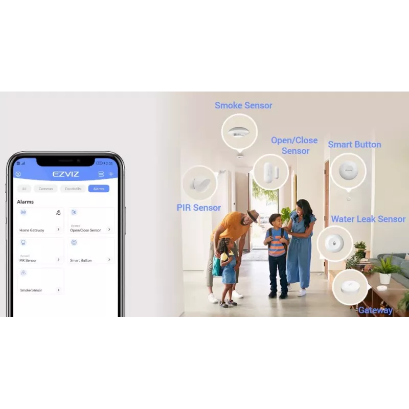 Dūmu detektors EZVIZ CS-T4C — bezvadu ZigBee, 3V litija baterija, 87×35×87 mm, 85 dB, uzstādāms pie virsmas, balts