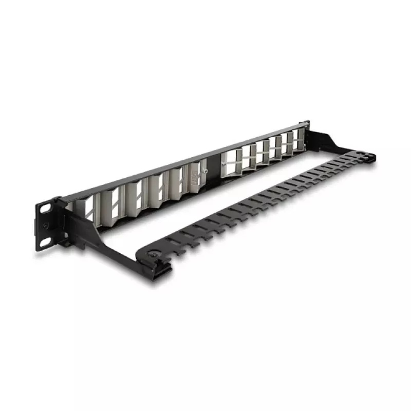 DELOCK 19 collu Keystone ielāpu panelis 24-portu leņķveida ar stiepes samazināšanu, 1U, melns, 482.6×125.5×44.2 mm