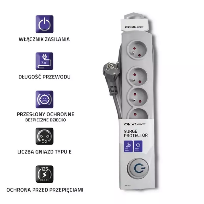 Pārsprieguma aizsargs Qoltec 50272 Pelēks 5 maiņstrāvas ligzdas 230V 3m