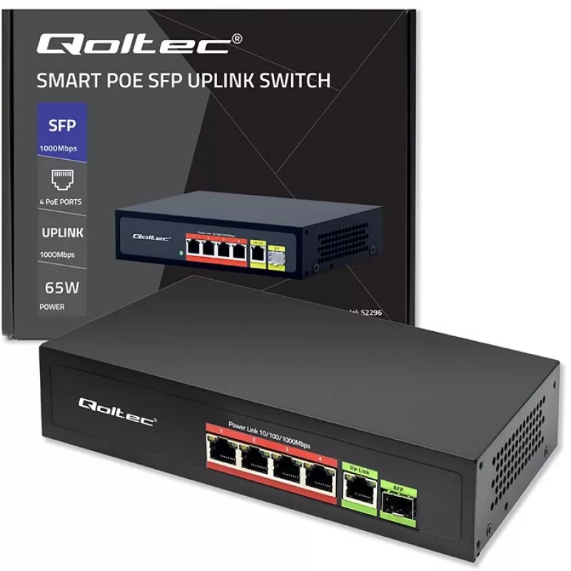 Ethernet PoE komutators QOLTEC 52296 — 4x RJ45 PoE porti, 1x RJ45 uplinks