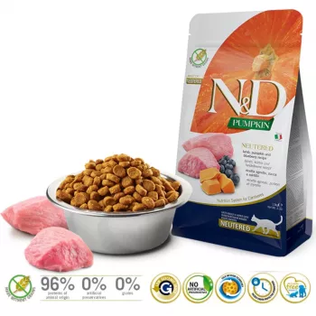 FARMINA N&D Pumpkin Cat Lamb and Blueberry Neutered Adult - sausā kaķu barība - 1,5 kg