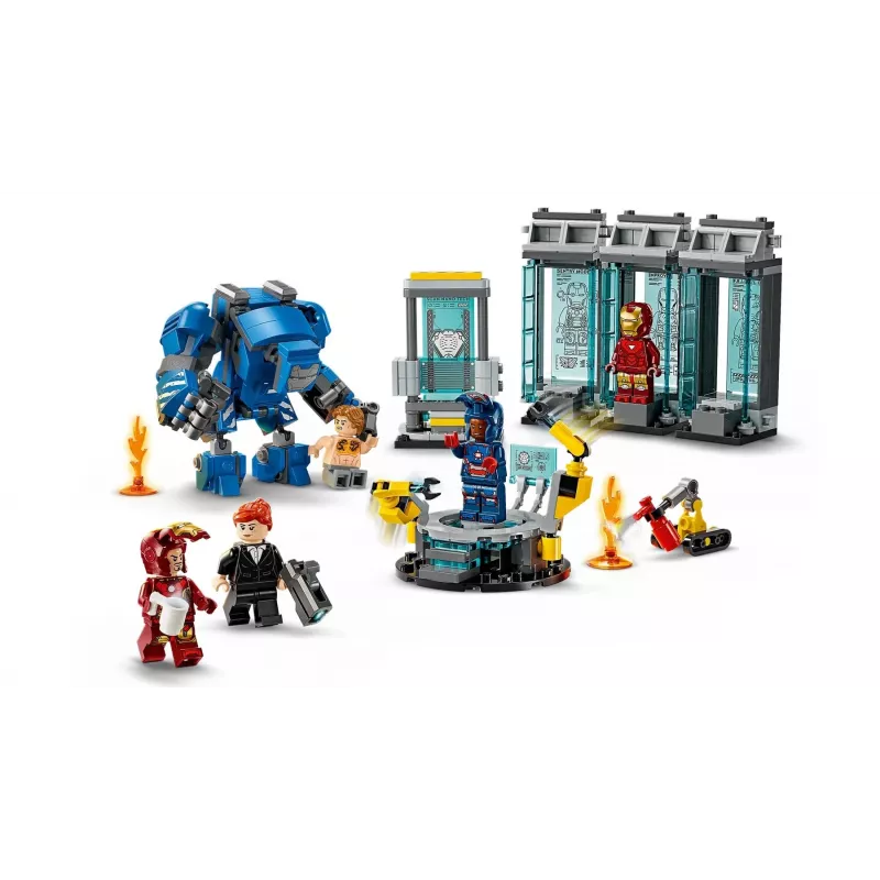 LEGO rotaļu komplekts Marvel Iron Man's Laboratory Hall of Armor 76315 — 384 detaļas, 5 minifigūriņas, izstādīšanas zona