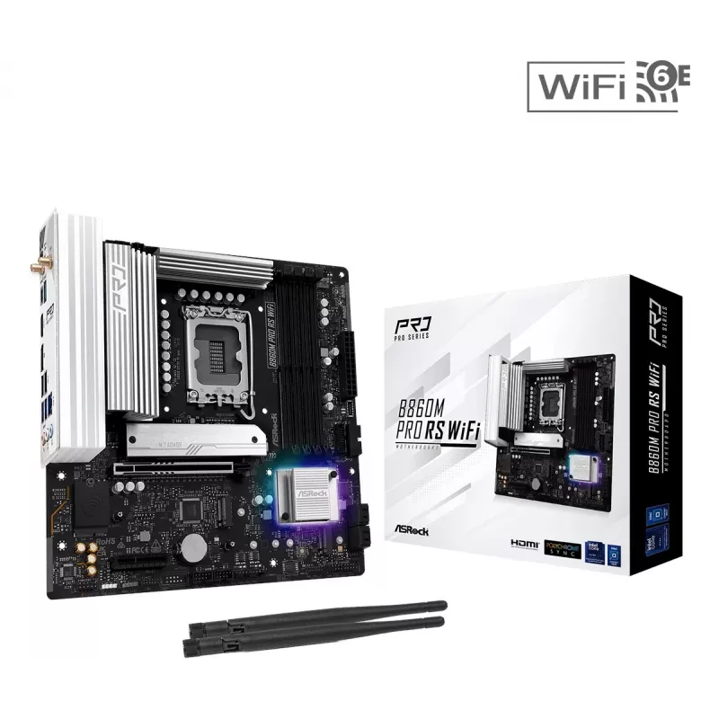 Mātesplate ASRock B860M Pro RS WiFi — Intel B860, LGA 1851, micro ATX, DDR5, 4 DIMM, 3x M.2, 2.5Gb LAN, Wi‑Fi, Bluetooth