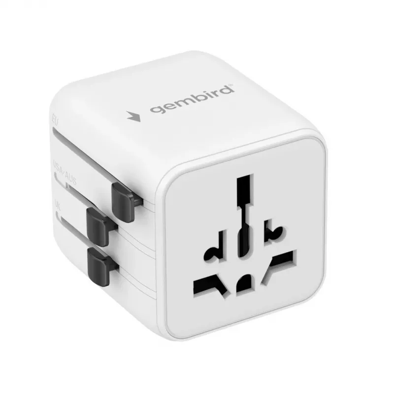 Universāls ceļojumu strāvas adapteris GEMBIRD TPA-INT-01-W — ieeja 100–250 V, G tipa kontaktdakša, kompakti izmēri 84×56×85 mm