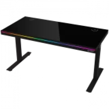 Divu motoru sēdus/stāvus regulējama augstuma spēļu galds ar bezvadu lādētāju, RGB apgaismojumu, vadības paneli un USB portiem, rūdīta stikla virsma, melns.