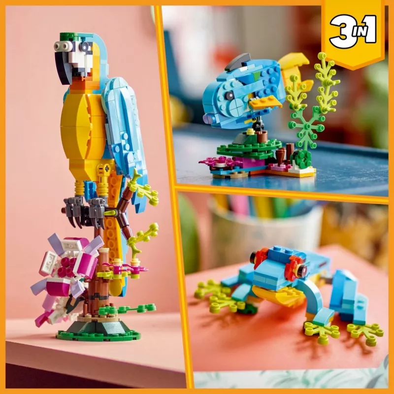 LEGO komplekts Exotic Parrot 31136 — Creator vitrīnas modelis, 253 detaļas, 220×120×110 mm