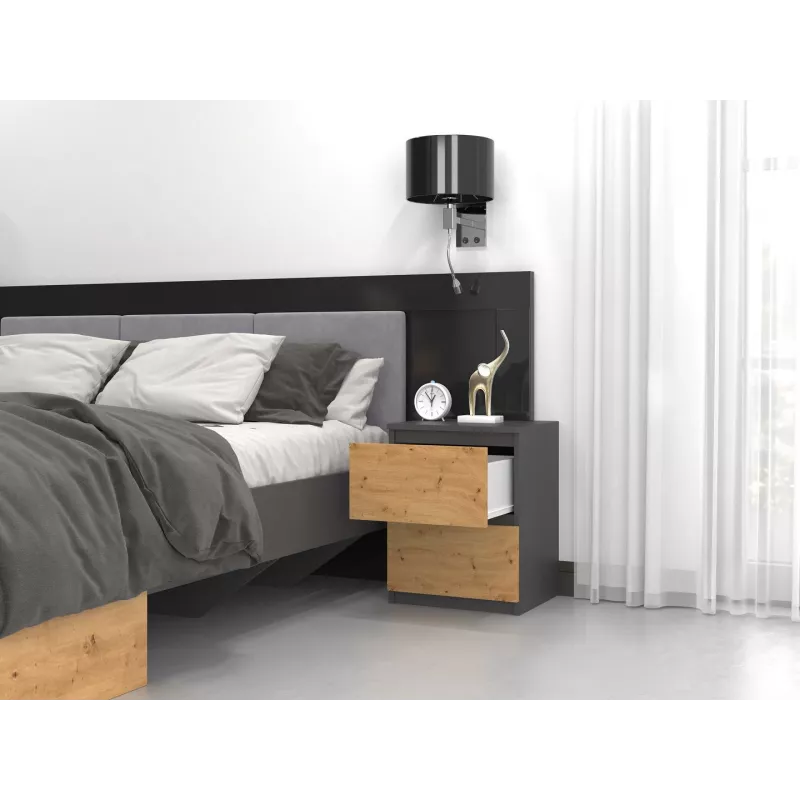 Topeshop W2 ANTRACYT/ARTISAN nightstand/Naktsskapītis 2 atvilktne(s) antracīts, ozols