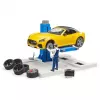 BRUDER autoservisa centrs bworld 62112 ar Roadster rotaļu komplektu, papildu figūriņām un darbnīcas elementiem