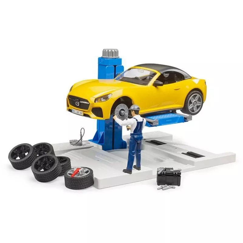BRUDER autoservisa centrs bworld 62112 ar Roadster rotaļu komplektu, papildu figūriņām un darbnīcas elementiem
