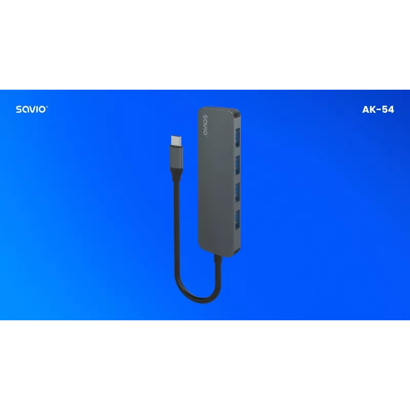 USB centrmezgls SAVIO AK-54 — 4 x USB-A (USB 3.2 Gen 1), USB-C resursdators, melns