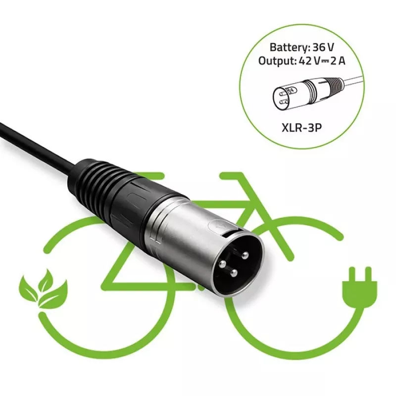 Lādētājs elektriskajam velosipēdam 36V 42V 2A 3P XLR 18mm