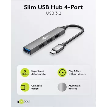 Goobay Slim 4-Port USB-Hub, USB-C™ uz USB-A, USB 3.2 (74457)