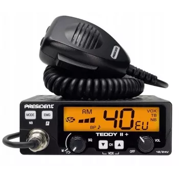 CB radio President Teddy II+ — 40 kanāli, 4W TX, 12/24V, trokšņu bloķētājs, 125×125×45 mm