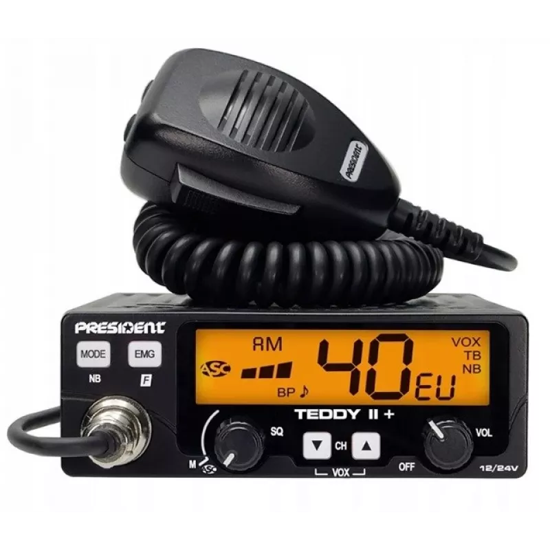 CB radio President Teddy II+ — 40 kanāli, 4W TX, 12/24V, trokšņu bloķētājs, 125×125×45 mm
