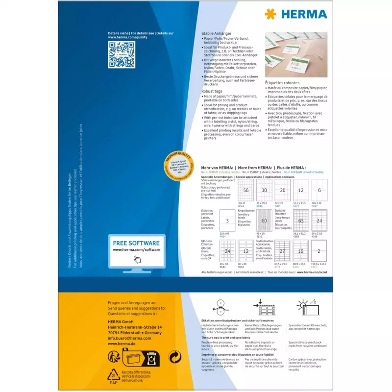 Izturīgas etiķetes HERMA A4 52,5x93,5 mm balts papīrs bezlīmes 1200 gab.