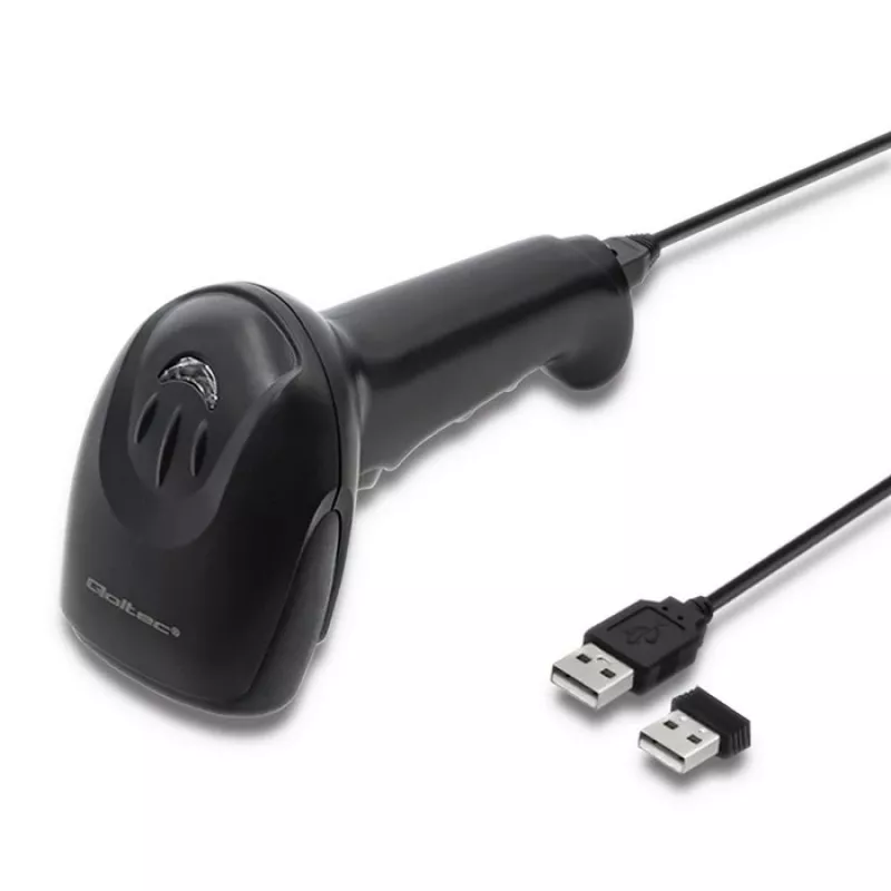Rokas svītrkodu lasītājs QOLTEC 50868 — 1D/2D lāzera skeneris, USB vadu un bezvadu, darba attālums 600 mm, melns