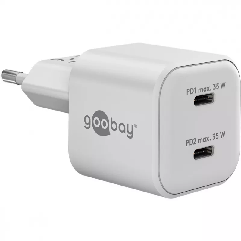 USB-C Dual-Fast lādētājs Nano, PD, GaN, 35 W (balts, 2x USB-C, Power Delivery 3.0)