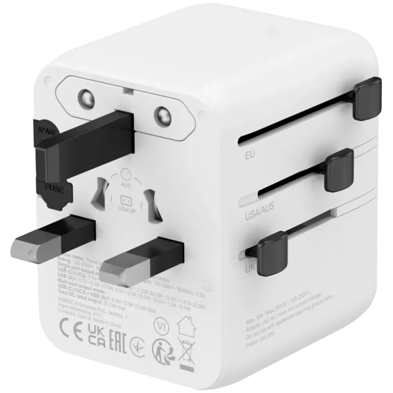 CANYON ceļojumu adapteris OnTour 20 EU/UK/US/AUS 20W Balts