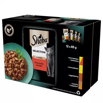 Mitrā kaķu barība Sheba Moist, paciņas 12×85 g (1020 g), vista & jērs, pieaugušiem kaķiem